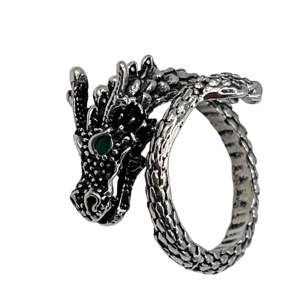 Vintage Style Dragon Ring W/ Green Crystal Eye Adjustable Silver Tone Band Sz 14